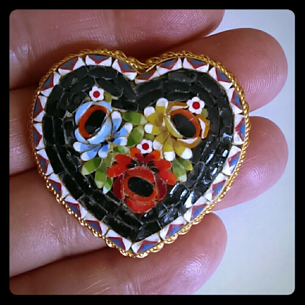 Vintage Micro Mosaic Heart brooch pin